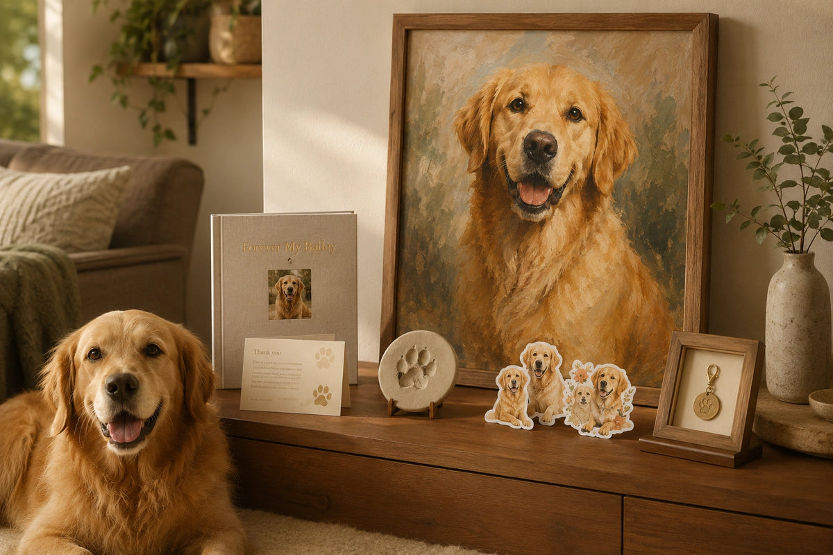 A framed pet portrait displayed with keepsakes in a warm home setting