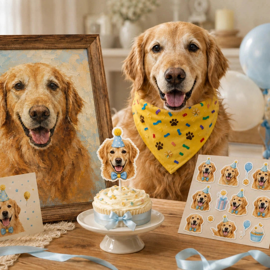 Birthday Moments Pet Set – Personalized Scarf, Memory Card & Custom Stickers