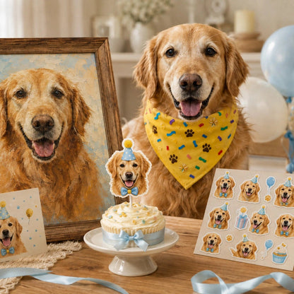 Birthday Moments Pet Set – Personalized Scarf, Memory Card & Custom Stickers