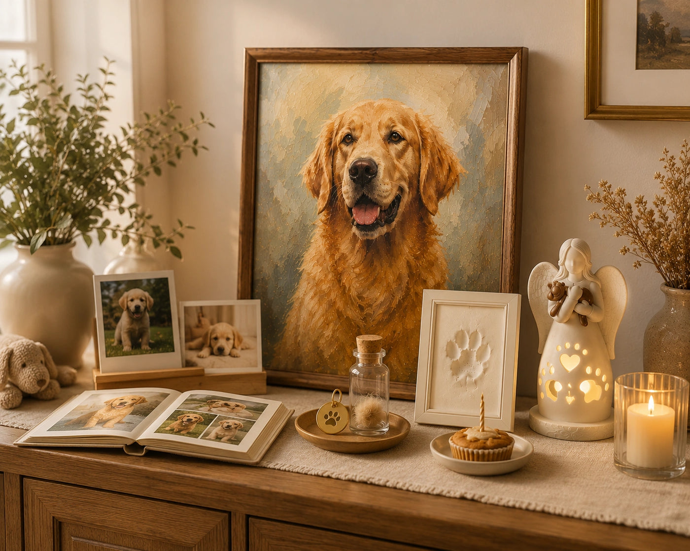 Pet portrait and keepsakes in a warm home setting