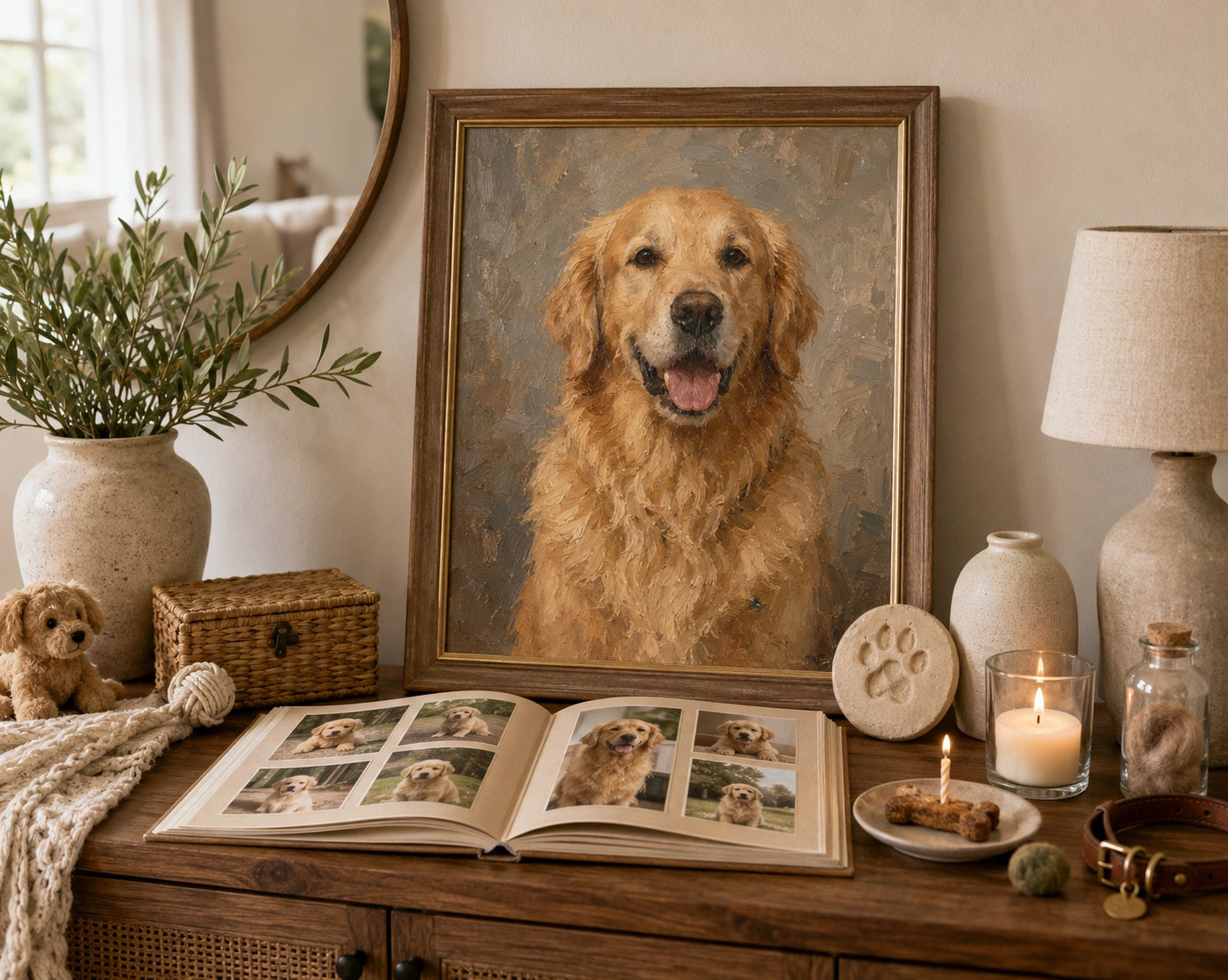Pet portrait displayed with quiet keepsakes