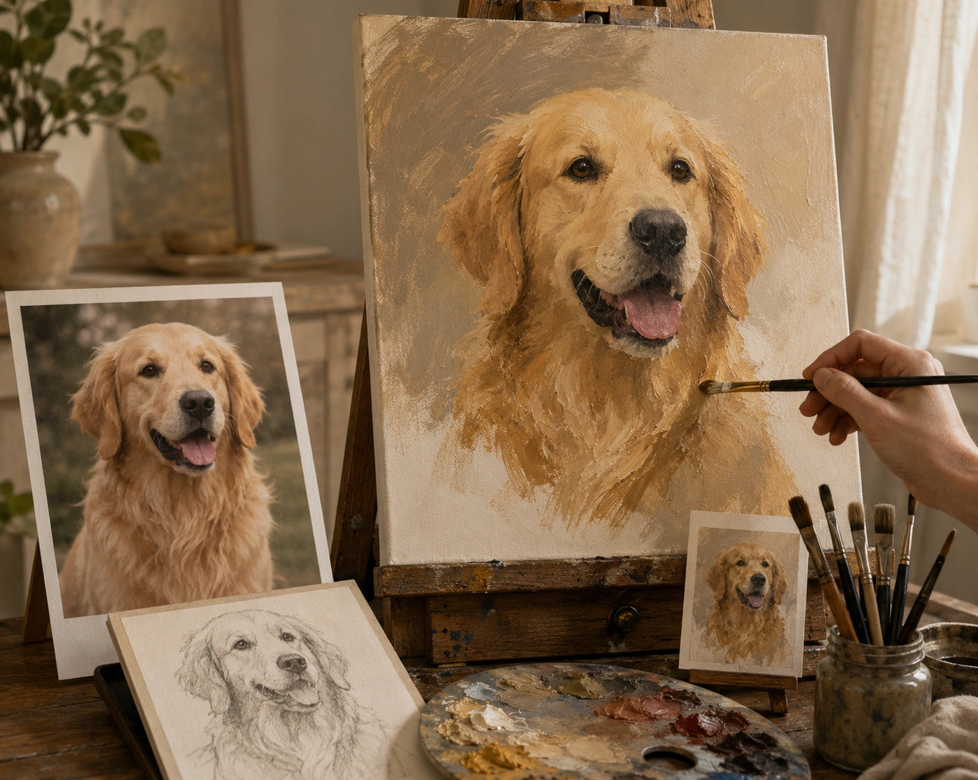 Artist process for a hand-painted pet portrait