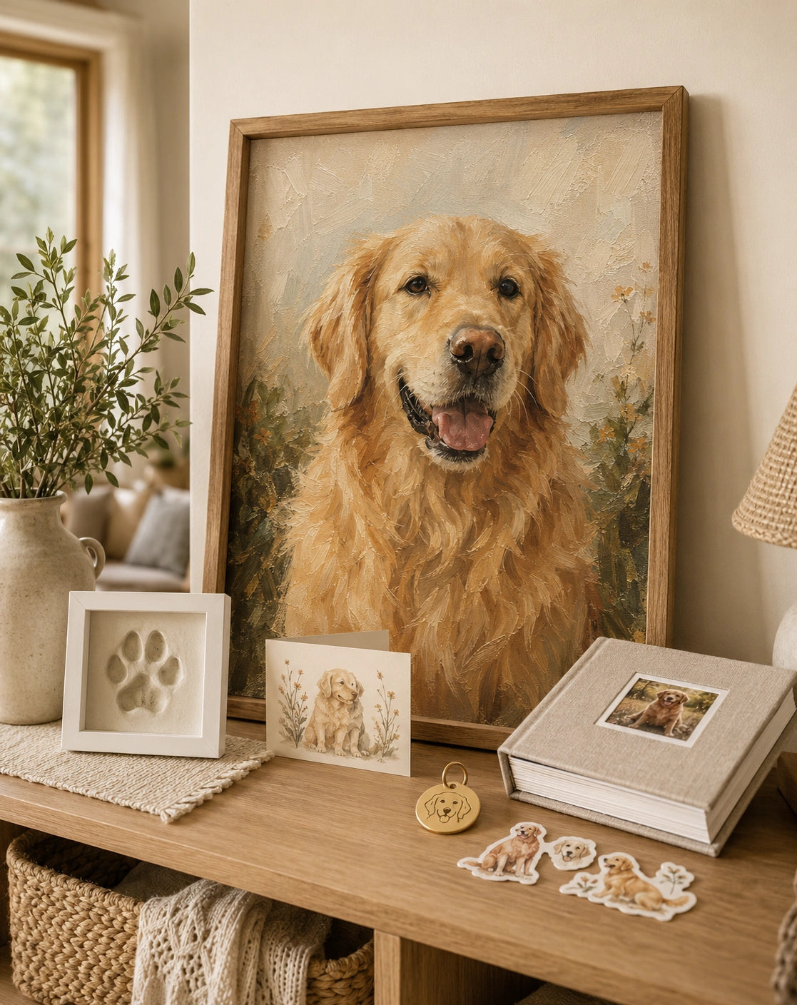 Framed pet portrait in a warm home setting