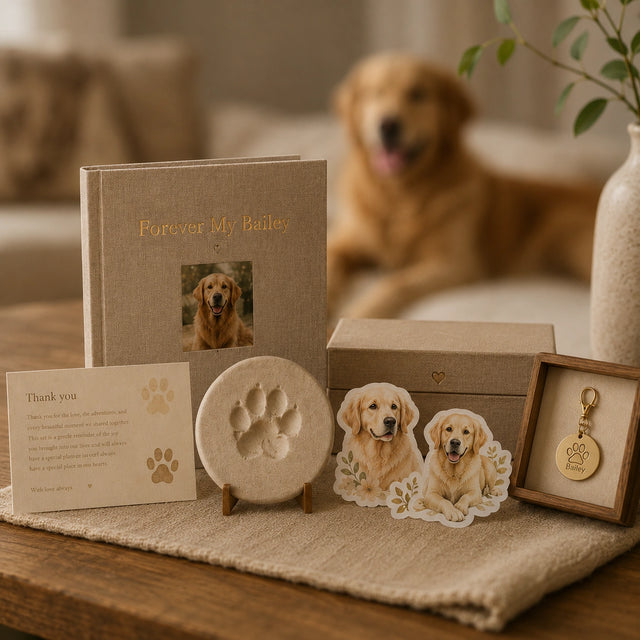 A pet portrait and keepsakes arranged at home
