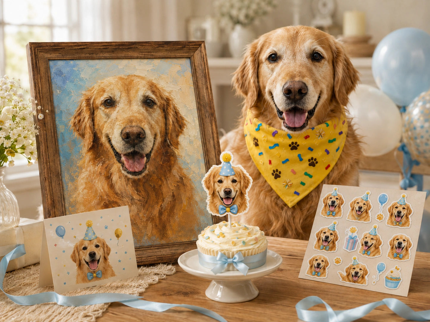 Birthday Moments Pet Set – Personalized Scarf, Memory Card & Custom Stickers