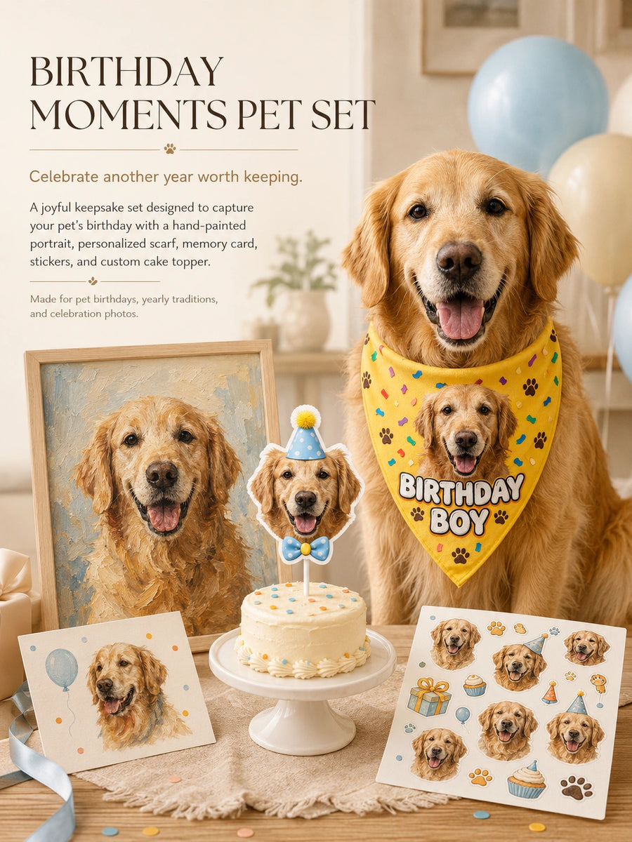 Birthday Moments Pet Set – Personalized Scarf, Memory Card & Custom Stickers