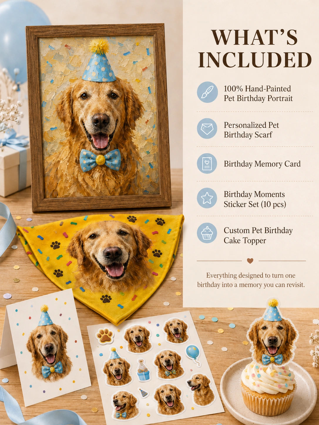 Birthday Moments Pet Set – Personalized Scarf, Memory Card & Custom Stickers