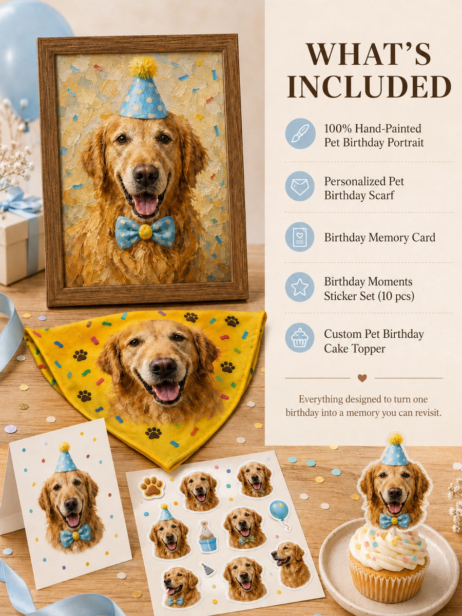 Birthday Moments Pet Set – Personalized Scarf, Memory Card & Custom Stickers