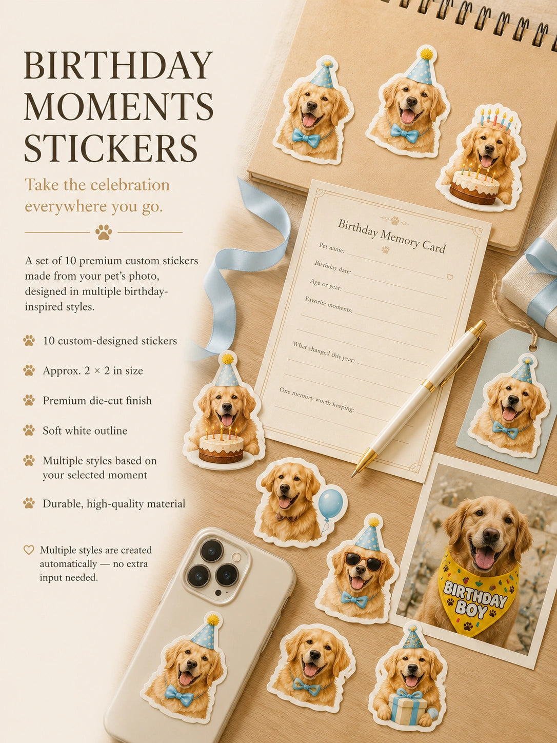 Birthday Moments Pet Set – Personalized Scarf, Memory Card & Custom Stickers