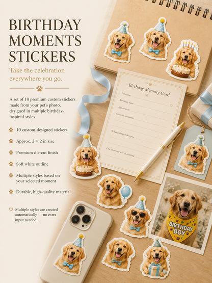 Birthday Moments Pet Set – Personalized Scarf, Memory Card & Custom Stickers