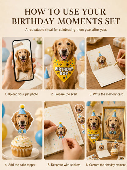 Birthday Moments Pet Set – Personalized Scarf, Memory Card & Custom Stickers