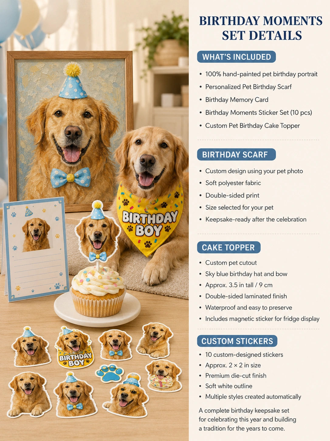 Birthday Moments Pet Set – Personalized Scarf, Memory Card & Custom Stickers