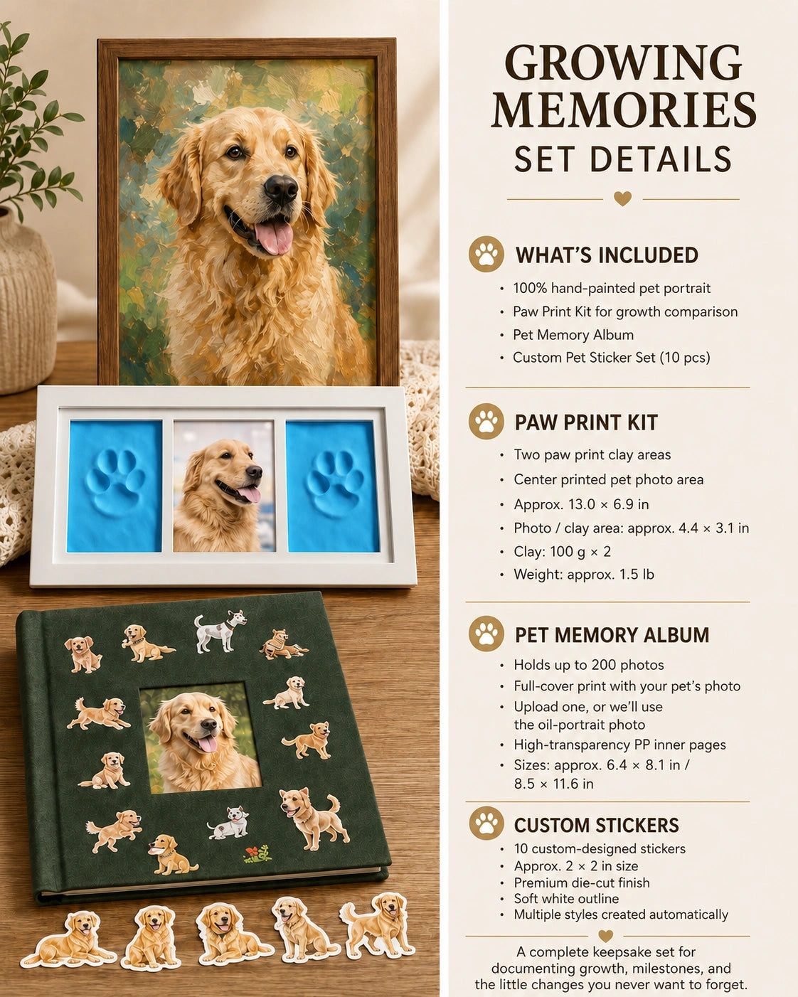 Growing Memories Pet Set – Paw Print Kit, Memory Album & Custom Stickers