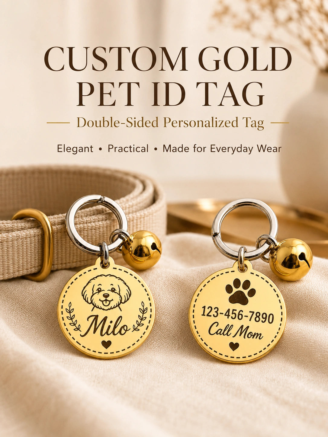 Custom Gold Pet ID Tag — Double-Sided