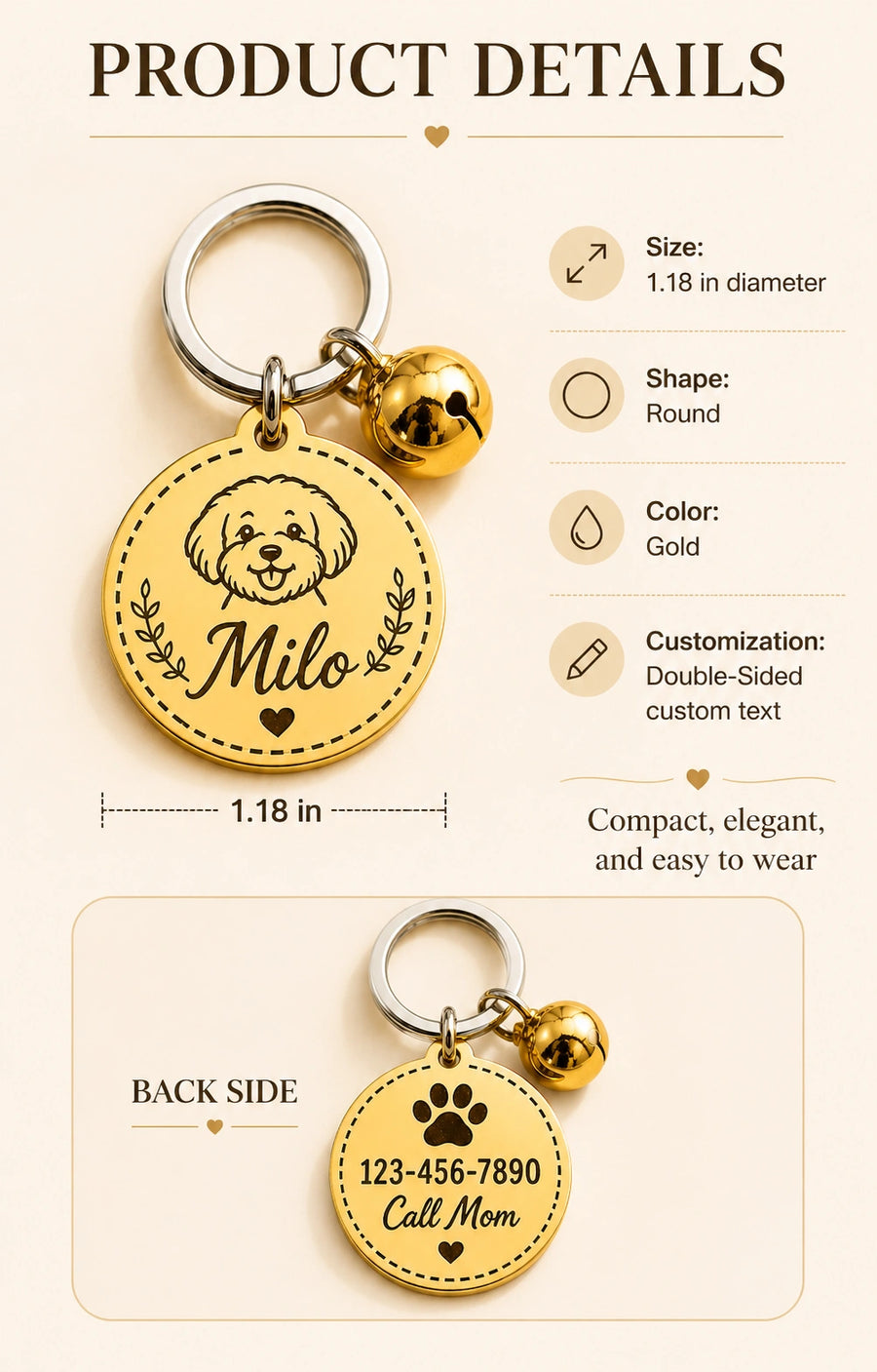 Custom Gold Pet ID Tag — Double-Sided
