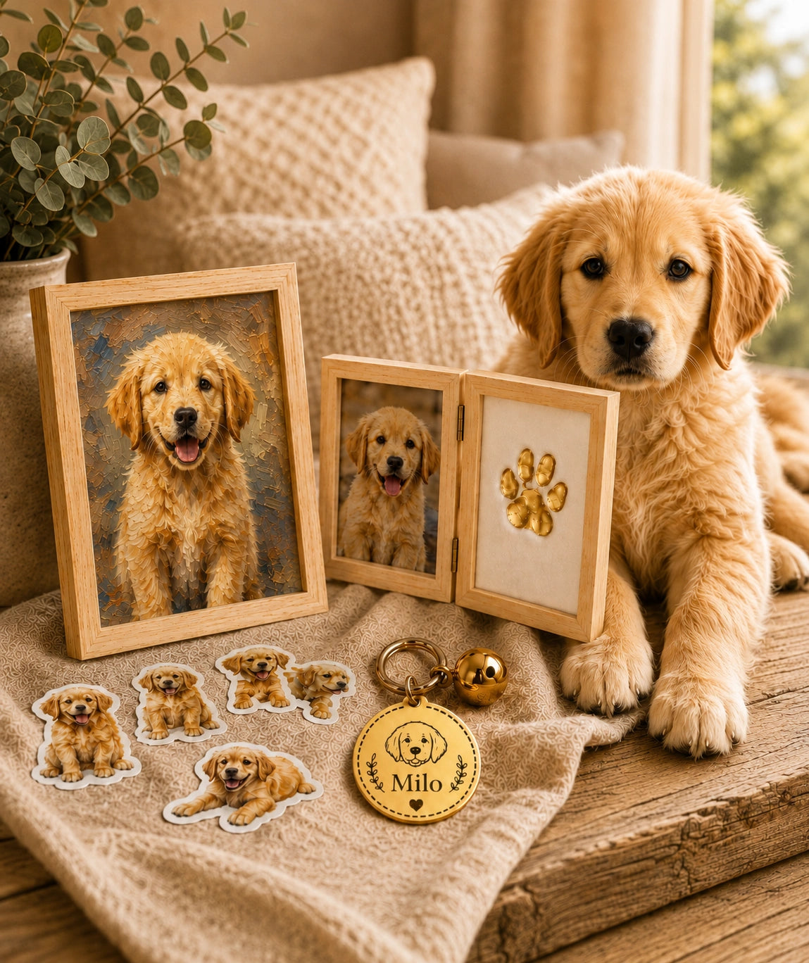 Welcome Set keepsakes arranged with a hand-painted pet portrait