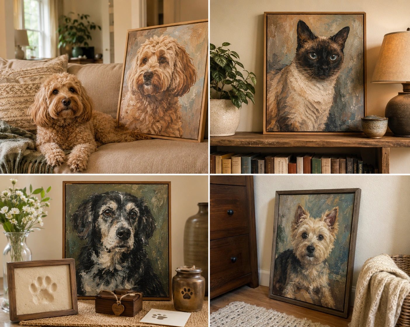 Hand-painted pet portrait displayed in a warm home